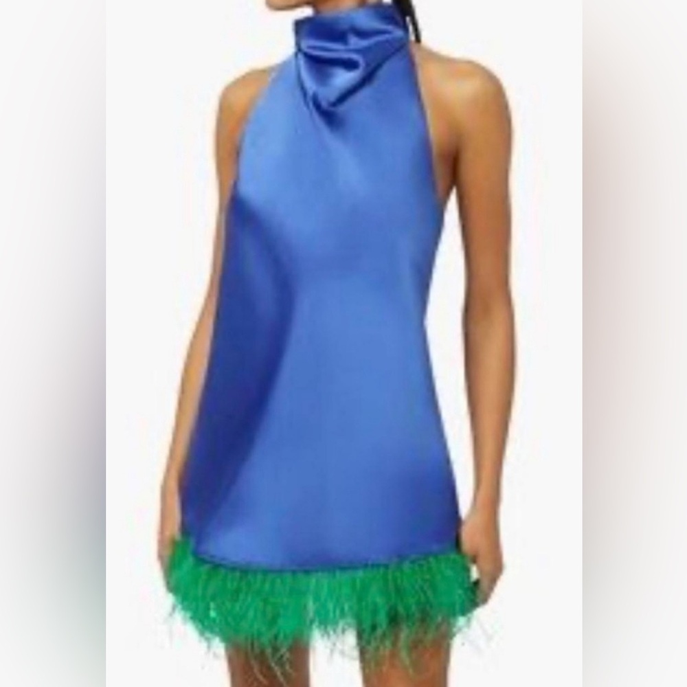 WeWoreWhat Vibrant Blue Satin dress with green feathers